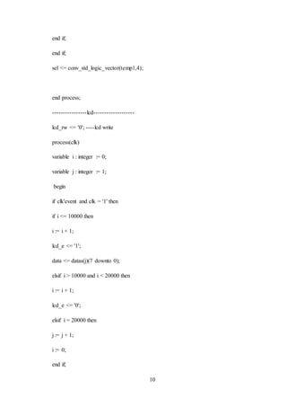 10
end if;
end if;
sel <= conv_std_logic_vector(temp1,4);
end process;
----------------lcd-------------------
lcd_rw <= '0'; ----lcd write
process(clk)
variable i : integer := 0;
variable j : integer := 1;
begin
if clk'event and clk = '1' then
if i <= 10000 then
i := i + 1;
lcd_e <= '1';
data <= datas(j)(7 downto 0);
elsif i > 10000 and i < 20000 then
i := i + 1;
lcd_e <= '0';
elsif i = 20000 then
j := j + 1;
i := 0;
end if;
 