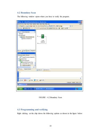 18
4.2 Boundary Scan
The following window opens where you have to verify the program.
FIGURE : 4.2 Boundary Scan
4.3 Programming and verifying
Right clicking on the chip shows the following options as shown in the figure below.
 