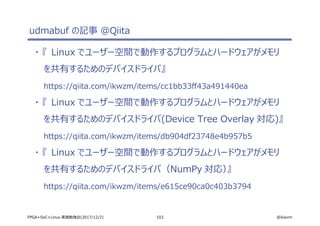 103 @ikwzmFPGA+SoC+Linux 実践勉強会(2017/12/2)
udmabuf の記事 @Qiita　
・ 『 Linux でユーザー空間で動作するプログラムとハードウェアがメモリ
を共有するためのデバイスドライバ』
https://qiita.com/ikwzm/items/cc1bb33ff43a491440ea
・ 『 Linux でユーザー空間で動作するプログラムとハードウェアがメモリ
を共有するためのデバイスドライバ(Device Tree Overlay 対応)』
https://qiita.com/ikwzm/items/db904df23748e4b957b5
・ 『 Linux でユーザー空間で動作するプログラムとハードウェアがメモリ
を共有するためのデバイスドライバ（NumPy 対応）』
https://qiita.com/ikwzm/items/e615ce90ca0c403b3794
 