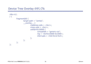 26 @ikwzmFPGA+SoC+Linux 実践勉強会(2017/12/2)
Device Tree Overlay のサンプル
/dts-v1/;
/ {
fragment@0 {
target-path = "/amba";
__overlay__ {
#address-cells = <0x1>;
#size-cells = <0x1>;
uio0@43c10000 {
compatible = "generic-uio";
reg = <0x43c10000 0x1000>;
interrupts = <0x0 0x1d 0x4>;
};
};
};
};
 