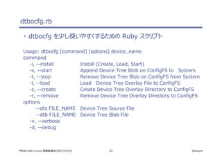 32 @ikwzmFPGA+SoC+Linux 実践勉強会(2017/12/2)
dtbocfg.rb
・ dtbocfg を少し使いやすくするための Ruby スクリプト
Usage: dtbocfg [command] [options] device_name
command
-i, --install Install (Create, Load, Start)
-s, --start Append Device Tree Blob on ConfigFS to System
-t, --stop Remove Device Tree Blob on ConfigFS from System
-l, --load Load Device Tree Overlay File to ConfigFS
-c, --create Create Device Tree Overlay Directory to ConfigFS
-r, --remove Remove Device Tree Overlay Directory to ConfigFS
options
--dts FILE_NAME Device Tree Source File
--dtb FILE_NAME Device Tree Blob File
-v, --verbose
-d, --debug
 