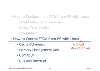 47 @ikwzmFPGA+SoC+Linux 実践勉強会(2017/12/2)
・ How to Configuration FPGA from PS with Linux
・ FPGA Configuration Overview
・ Device Tree Overlay
・ FPGA Region
・ How to Control FPGA from PS with Linux
・ Cache Coherency
・ Memory Management Unit
・ UDMABUF
・ UIO and Interrupt
without
device driver
 