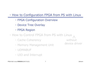 7 @ikwzmFPGA+SoC+Linux 実践勉強会(2017/12/2)
・ How to Configuration FPGA from PS with Linux
・ FPGA Configuration Overview
・ Device Tree Overlay
・ FPGA Region
・ How to Control FPGA from PS with Linux
・ Cache Coherency
・ Memory Management Unit
・ UDMABUF
・ UIO and Interrupt
without
device driver
 