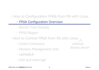 8 @ikwzmFPGA+SoC+Linux 実践勉強会(2017/12/2)
・ How to Configuration FPGA from PS with Linux
・ FPGA Configuration Overview
・ Device Tree Overlay
・ FPGA Region
・ How to Control FPGA from PS with Linux
・ Cache Coherency
・ Memory Management Unit
・ UDMABUF
・ UIO and Interrupt
without
device driver
 
