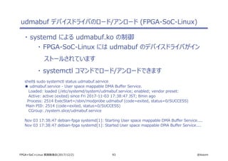 93 @ikwzmFPGA+SoC+Linux 実践勉強会(2017/12/2)
udmabuf デバイスドライバのロード/アンロード (FPGA-SoC-Linux)
・ systemd による udmabuf.ko の制御
・ FPGA-SoC-Linux には udmabuf のデバイスドライバがイン
ストールされています
・ systemctl コマンドでロード/アンロードできます
shell$ sudo systemctl status udmabuf.service
● udmabuf.service - User space mappable DMA Buffer Service.
Loaded: loaded (/etc/systemd/system/udmabuf.service; enabled; vendor preset:
Active: active (exited) since Fri 2017-11-03 17:38:47 JST; 8min ago
Process: 2514 ExecStart=/sbin/modprobe udmabuf (code=exited, status=0/SUCCESS)
Main PID: 2514 (code=exited, status=0/SUCCESS)
CGroup: /system.slice/udmabuf.service
Nov 03 17:38:47 debian-fpga systemd[1]: Starting User space mappable DMA Buffer Service....
Nov 03 17:38:47 debian-fpga systemd[1]: Started User space mappable DMA Buffer Service....
 