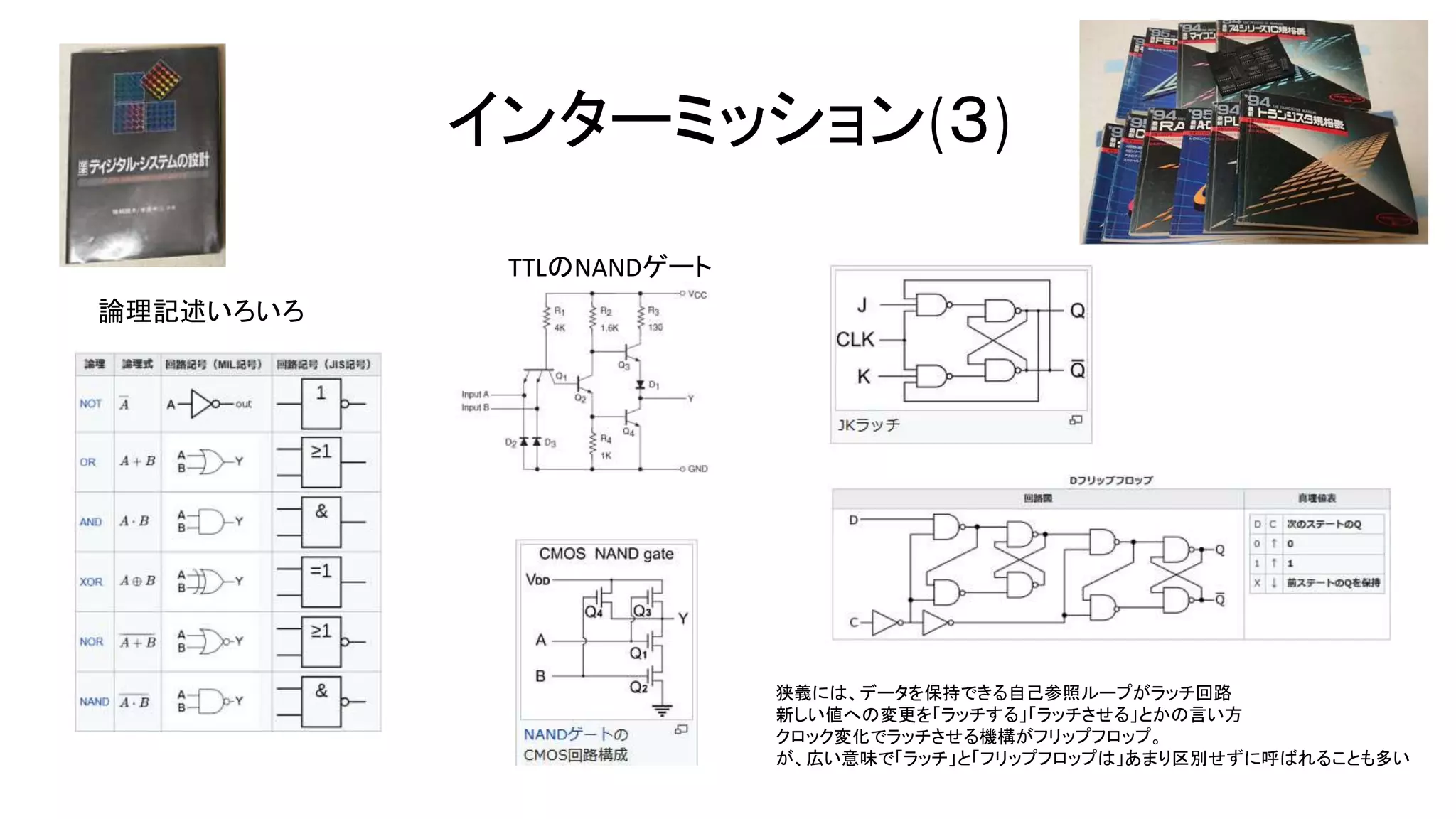 インターミッション(３)
TTLのNANDゲート
狭義には、データを保持できる自己参照ループがラッチ回路
新しい値への変更を「ラッチする」「ラッチさせる」とかの言い方
クロック変化でラッチさせる機構がフリップフロップ。
が、広い意味で「ラッチ」と「フリップフロップは」あまり区別せずに呼ばれることも多い
論理記述いろいろ
 