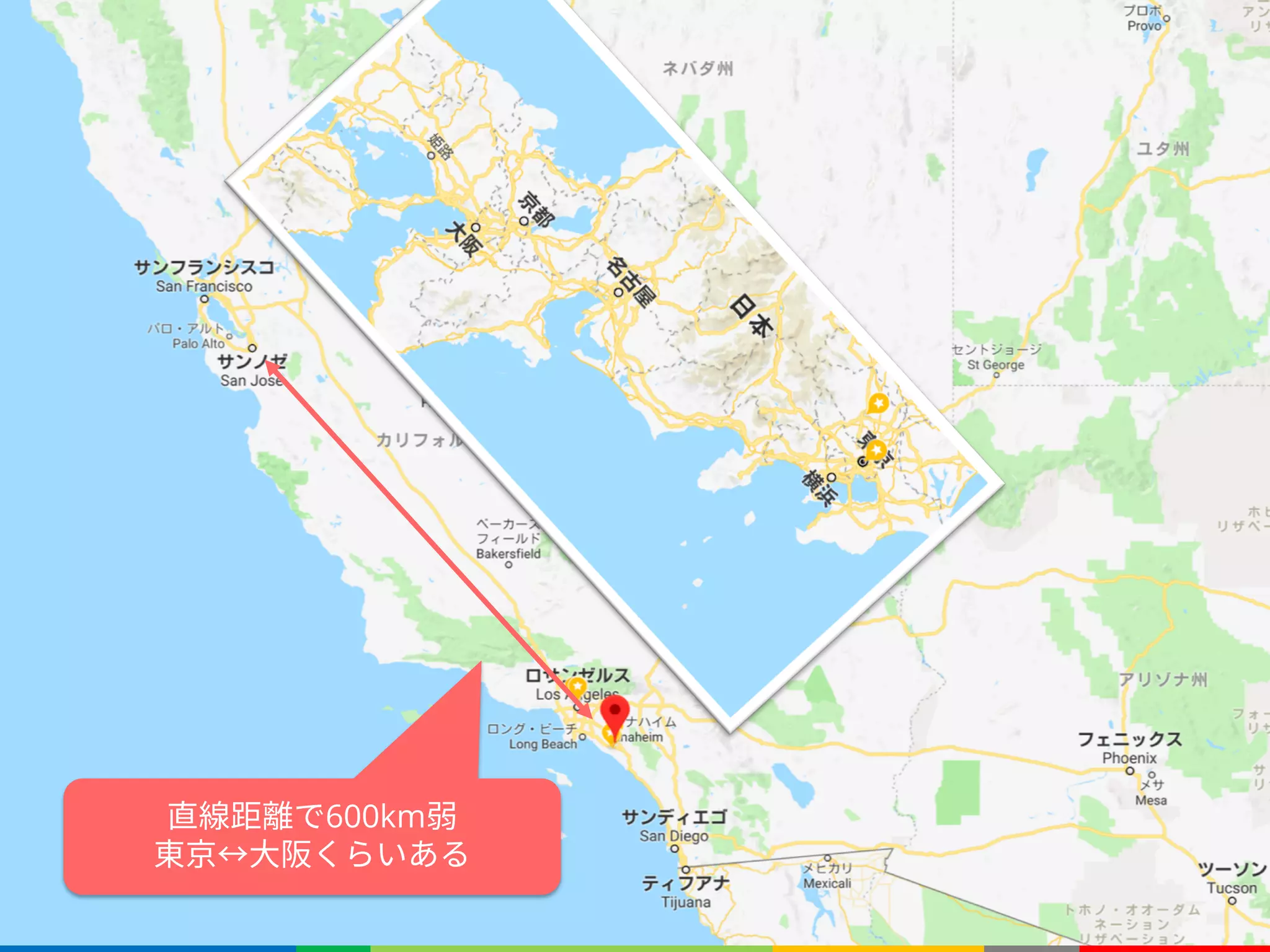 直線距離で600km弱
東京↔大阪くらいある
 