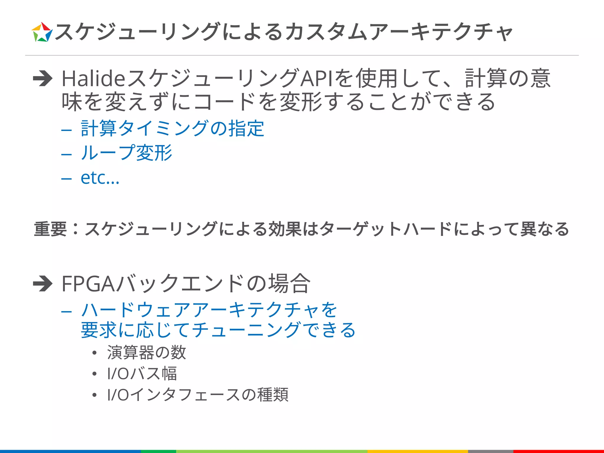 スケジューリングによるカスタムアーキテクチャ
è HalideスケジューリングAPIを使用して、計算の意
味を変えずにコードを変形することができる
– 計算タイミングの指定
– ループ変形
– etc…
重要：スケジューリングによる効果はターゲットハードによって異なる
è FPGAバックエンドの場合
– ハードウェアアーキテクチャを
要求に応じてチューニングできる
• 演算器の数
• I/Oバス幅
• I/Oインタフェースの種類
 