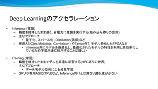 Deep Learningのアクセラレーション
• Inference (推論)
– 精度を維持したまま速く、省電力に推論を実行する(組み込み寄りの世界)
– 主なアプローチ
• 量子化、スパース化、Distillation(蒸留)など
– 専用ASIC(ex.Mobidius, Cambricon) やTensorRT, モデル特化したFPGAなど
• Inference用にモデルを最適化し、最適化されたモデルの特性を利用し高効率化し
ているため学習用途に転用することは難しい
• Training (学習)
– 精度を維持したままモデルを高速に学習する(HPC寄りの世界)
– 主なアプローチ
• データ/モデル並列による分散学習
– GPUや専用ASIC(TPU)など。Inference向けとは異なり選択肢が少ない
 