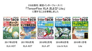 CQ出版社：雑誌インターフェース に
「TensorFlow XLA および Lite」
に関することを寄稿しました
2017年8月号 2017年9月号 2018年2月号 2018年8月号 2019年1月号
XLA AOT XLA AOT XLA JIT Lite & XLA Lite
 