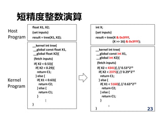短精度整数演算
float X1, X2;
(set inputs)
result = tree(X1, X2);
__kernel int tree( 
__global const float X1, 
__global float X2){
(fetch inputs)
if( X2 < 0.53){
if( X2 < 0.29){
return C1;
} else {
if( X1 < 0.63){
return C2;
} else {
return C1;
}
}
...
int X;
(set inputs)
result = tree(X & 0x3FFF, 
(X >> 16) & 0x3FFF);
__kernel int tree( 
__global const int X1, 
__global int X2){
(fetch inputs)
if( X2 < 4341){ // 0.53*213
if( X2 < 2375){ // 0.29*213
return C1;
} else {
if( X1 < 5160){ // 0.63*213
return C2;
} else {
return C1;
}
} ..
Host
Program
Kernel
Program
23
 