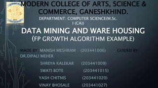 DATA MINING AND WARE HOUSING
(FP GROWTH ALGORITHM EXAMPLE)
MADE BY: MANISH MESHRAM (203441006) GUIDED BY:
DR.DIPALI MEHER
SHREYA KALEKAR (203441009)
SWATI BOTE (203441015)
YASH CHITNIS (203441020)
VINAY BHOSALE (203441027)
MODERN COLLEGE OF ARTS, SCIENCE &
COMMERCE, GANESHKHIND.
DEPARTMENT: COMPUTER SCIENCE(M.Sc.
I (CA))
 