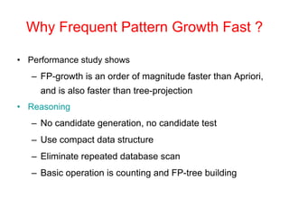 Why Frequent Pattern Growth Fast ?
• Performance study shows
– FP-growth is an order of magnitude faster than Apriori,
and is also faster than tree-projection
• Reasoning
– No candidate generation, no candidate test
– Use compact data structure
– Eliminate repeated database scan
– Basic operation is counting and FP-tree building
 