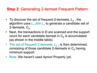 Step 2: Generating 2-itemset Frequent Pattern
• To discover the set of frequent 2-itemsets, L2 , the
algorithm uses L1 Join L1 to generate a candidate set of
2-itemsets, C2.
• Next, the transactions in D are scanned and the support
count for each candidate itemset in C2 is accumulated
(as shown in the middle table).
• The set of frequent 2-itemsets, L2 , is then determined,
consisting of those candidate 2-itemsets in C2 having
minimum support.
• Note: We haven’t used Apriori Property yet.
 