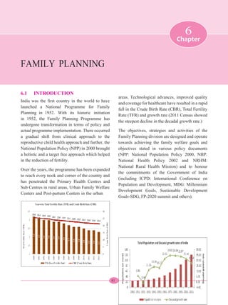 81
FAMILY PLANNING
Chapter
6
6.1 INTRODUCTION
India was the first country in the world to have
launched a National Programme for Family
Planning in 1952. With its historic initiation
in 1952, the Family Planning Programme has
undergone transformation in terms of policy and
actual programme implementation. There occurred
a gradual shift from clinical approach to the
reproductive child health approach and further, the
National Population Policy (NPP) in 2000 brought
a holistic and a target free approach which helped
in the reduction of fertility.
Over the years, the programme has been expanded
to reach every nook and corner of the country and
has penetrated the Primary Health Centres and
Sub Centres in rural areas, Urban Family Welfare
Centers and Post-partum Centers in the urban
areas. Technological advances, improved quality
and coverage for healthcare have resulted in a rapid
fall in the Crude Birth Rate (CBR), Total Fertility
Rate (TFR) and growth rate (2011 Census showed
the steepest decline in the decadal growth rate.)
The objectives, strategies and activities of the
Family Planning division are designed and operate
towards achieving the family welfare goals and
objectives stated in various policy documents
(NPP: National Population Policy 2000, NHP:
National Health Policy 2002 and NRHM:
National Rural Health Mission) and to honour
the commitments of the Government of India
(including ICPD: International Conference on
Population and Development, MDG: Millennium
Development Goals, Sustainable Development
Goals-SDG, FP-2020 summit and others).
 