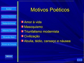 Motivos Poéticos Amor à vida Masoquismo Triunfalismo modernista Civilização Abulia, tédio, cansaço e náusea 