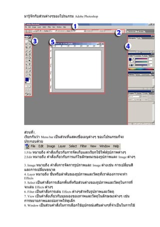 มารู้จักกับส่วนต่างๆของโปรแกรม Adobe Photoshop




ส่วนที่1.
เรียกกันว่า Menu bar เป็นส่วนที่แสดงชื่อเมนูต่างๆ ของโปรแกรมก็จะ
ประกอบด้วย

1.File หมายถึง คำาสั่งเกี่ยวกับการจัดเก็บและเรียกใช้ไฟล์รูปภาพต่างๆ
2.Edit หมายถึง คำาสั่งเกี่ยวกับการแก้ไขลักษณะของรูปภาพและ Image ต่างๆ

3. Image หมายถึง คำาสั่งการจัดการรูปภาพและ Image ต่างเช่น การเปลี่ยนสี
และการเปลี่ยนขนาด
4. Layer หมายถึง ชันหรือลำาดับของรูปภาพและวัตถุที่เราต้องการจะทำา
                   ้
Effects
5. Select เป็นคำาสั่งการเลือกพื้นที่หรือส่วนต่างของรูปภาพและวัตถุในการที่
จะเล่น Effects ต่างๆ
6. Filter เป็นคำาสั่งการเล่น Effects ต่างๆสำาหรับรูปภาพและวัตถุ
7. View เป็นคำาสั่งเกี่ยวกับมุมมองของภาพและวัตถุในลักษณะต่างๆ เช่น
การขยายภาพและย่อภาพให้ดูเล็ก
8. Window เป็นส่วนคำาสั่งในการเลือกใช้อุปกรณ์เสริมต่างๆที่จำาเป็นในการใช้
 