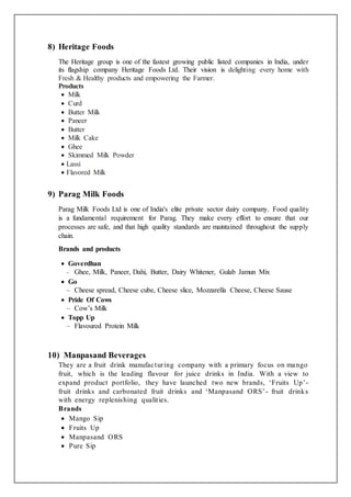 8) Heritage Foods
The Heritage group is one of the fastest growing public listed companies in India, under
its flagship company Heritage Foods Ltd. Their vision is delighting every home with
Fresh & Healthy products and empowering the Farmer.
Products
 Milk
 Curd
 Butter Milk
 Paneer
 Butter
 Milk Cake
 Ghee
 Skimmed Milk Powder
 Lassi
 Flavored Milk
9) Parag Milk Foods
Parag Milk Foods Ltd is one of India's elite private sector dairy company. Food quality
is a fundamental requirement for Parag. They make every effort to ensure that our
processes are safe, and that high quality standards are maintained throughout the supply
chain.
Brands and products
 Goverdhan
– Ghee, Milk, Paneer, Dahi, Butter, Dairy Whitener, Gulab Jamun Mix
 Go
– Cheese spread, Cheese cube, Cheese slice, Mozzarella Cheese, Cheese Sause
 Pride Of Cows
– Cow’s Milk
 Topp Up
– Flavoured Protein Milk
10) Manpasand Beverages
They are a fruit drink manufacturing company with a primary focus on mango
fruit, which is the leading flavour for juice drinks in India. With a view to
expand product portfolio, they have launched two new brands, ‘Fruits Up’-
fruit drinks and carbonated fruit drinks and ‘Manpasand ORS’- fruit drinks
with energy replenishing qualities.
Brands
 Mango Sip
 Fruits Up
 Manpasand ORS
 Pure Sip
 