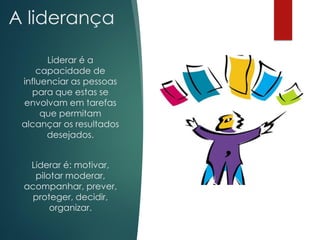 A liderança
Liderar é a
capacidade de
influenciar as pessoas
para que estas se
envolvam em tarefas
que permitam
alcançar os resultados
desejados.
Liderar é: motivar,
pilotar moderar,
acompanhar, prever,
proteger, decidir,
organizar.
 