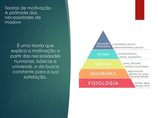 Teorias de motivação
A pirâmide das
necessidades de
maslow
É uma teoria que
explica a motivação a
partir das necessidades
humanas, básicas e
universais, e da busca
constante para a sua
satisfação.
 