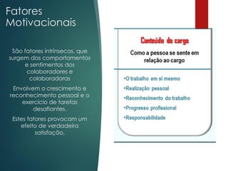 Fatores
Motivacionais
São fatores intrínsecos, que
surgem dos comportamentos
e sentimentos dos
colaboradores e
colaboradoras
Envolvem o crescimento e
reconhecimento pessoal e o
exercício de tarefas
desafiantes.
Estes fatores provocam um
efeito de verdadeira
satisfação,
 