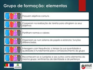Grupo de formação: elementos
Possuem objetivos comuns
Cooperam na realização de tarefas para atingirem os seus
objetivos
Partilham normas e valores
Organizam-se num sistema de papéis e estatutos: funções
diferenciadas
Interagem com frequência: o tempo (a sua quantidade e
qualidade) é fundamental para o amadurecimento do grupo
Reconhecem-se a si próprios e aos outros como elementos do
mesmo grupo: sentimentos de identidade e de pertença
 