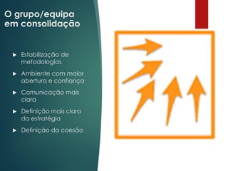 O grupo/equipa
em consolidação
 Estabilização de
metodologias
 Ambiente com maior
abertura e confiança
 Comunicação mais
clara
 Definição mais clara
da estratégia
 Definição da coesão
 