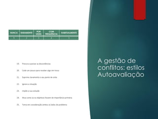A gestão de
conflitos: estilos
Autoavaliação
 