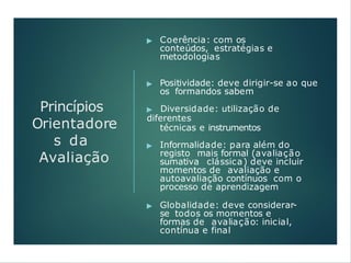 Princípios
Orientadore
s da
Avaliação
▶ Coerência: com os
conteúdos, estratégias e
metodologias
▶ Positividade: deve dirigir-se ao que
os formandos sabem
▶ Diversidade: utilização de
diferentes
técnicas e instrumentos
▶ Informalidade: para além do
registo mais formal (avaliação
sumativa clássica) deve incluir
momentos de avaliação e
autoavaliação contínuos com o
processo de aprendizagem
▶ Globalidade: deve considerar-
se todos os momentos e
formas de avaliação: inicial,
contínua e final
 