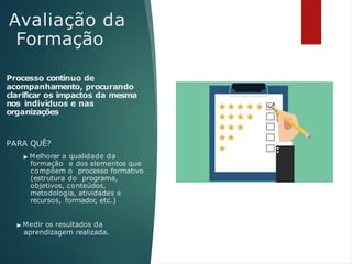 Avaliação da
Formação
Processo contínuo de
acompanhamento, procurando
clarificar os impactos da mesma
nos indivíduos e nas
organizações
PARA QUÊ?
▶ Melhorar a qualidade da
formação e dos elementos que
compõem o processo formativo
(estrutura do programa,
objetivos, conteúdos,
metodologia, atividades e
recursos, formador, etc.)
▶ Medir os resultados da
aprendizagem realizada.
 
