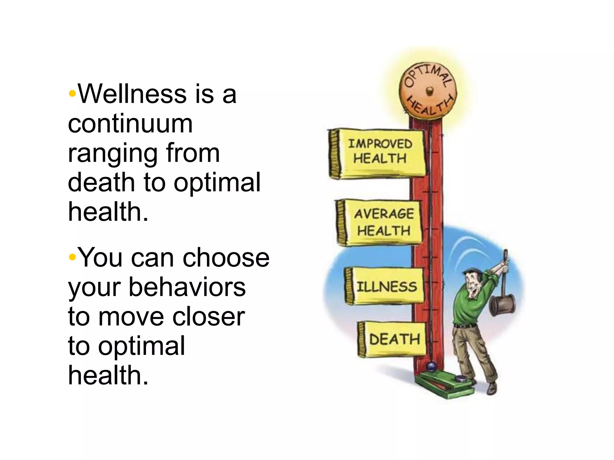•Wellness is a
continuum
ranging from
death to optimal
health.
•You can choose
your behaviors
to move closer
to optimal
health.
 