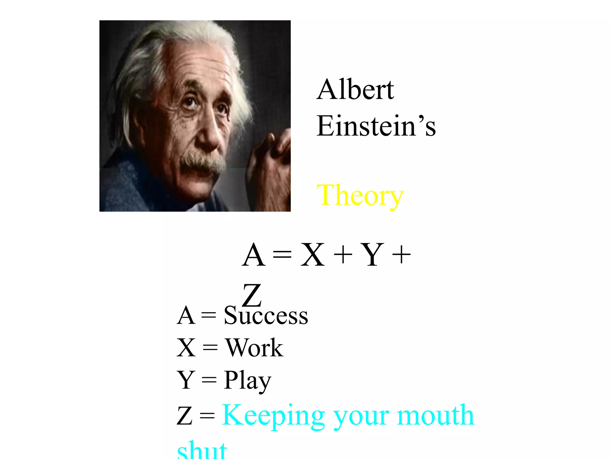Albert
Einstein’s
Theory
A = X + Y +
Z
A = Success
X = Work
Y = Play
Z = Keeping your mouth
 