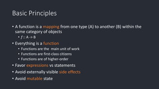 Basic Principles
• A function is a mapping from one type (A) to another (B) within the
same category of objects
• f :: A -> B
• Everything is a function
• Functions are the main unit of work
• Functions are first-class citizens
• Functions are of higher-order
• Favor expressions vs statements
• Avoid externally visible side effects
• Avoid mutable state
 