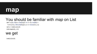 map 
You should be familiar with map on List 
def map[A, B](la: List[A])(f: A => B): List[B] = 
foldRight(la, Nil:List[B])((h,t) => Cons(f(h), t)) 
val a = List(1,2,3,4) 
List.map(a)(_+1) 
we get 
List(2,3,4,5) 
 