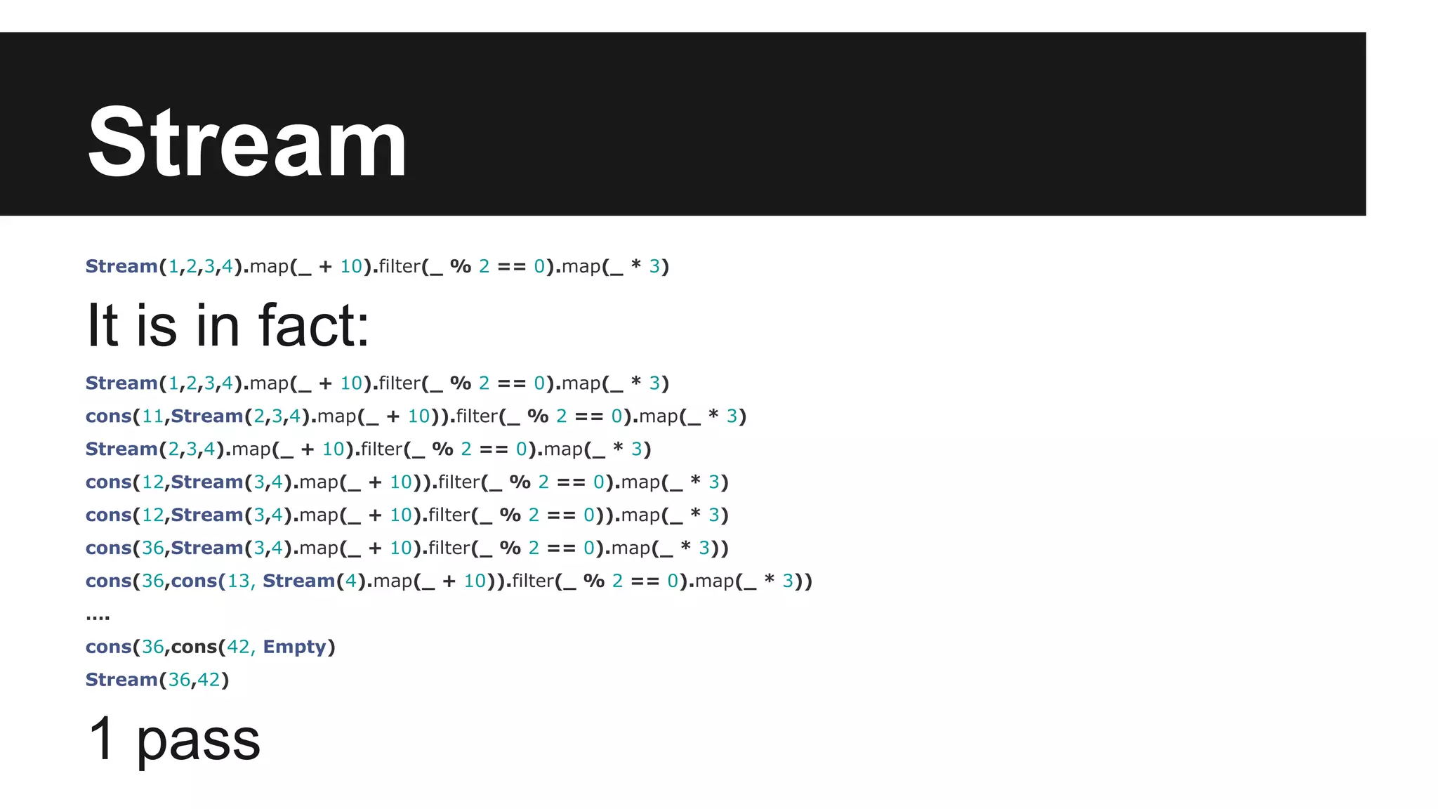 Stream Stream(1,2,3,4).map(_ + 10).filter(_ % 2 == 0).map(_ * 3) It is in fact: Stream(1,2,3,4).map(_ + 10).filter(_ % 2 == 0).map(_ * 3) cons(11,Stream(2,3,4).map(_ + 10)).filter(_ % 2 == 0).map(_ * 3) Stream(2,3,4).map(_ + 10).filter(_ % 2 == 0).map(_ * 3) cons(12,Stream(3,4).map(_ + 10)).filter(_ % 2 == 0).map(_ * 3) cons(12,Stream(3,4).map(_ + 10).filter(_ % 2 == 0)).map(_ * 3) cons(36,Stream(3,4).map(_ + 10).filter(_ % 2 == 0).map(_ * 3)) cons(36,cons(13, Stream(4).map(_ + 10)).filter(_ % 2 == 0).map(_ * 3)) …. cons(36,cons(42, Empty) Stream(36,42) 1 pass 