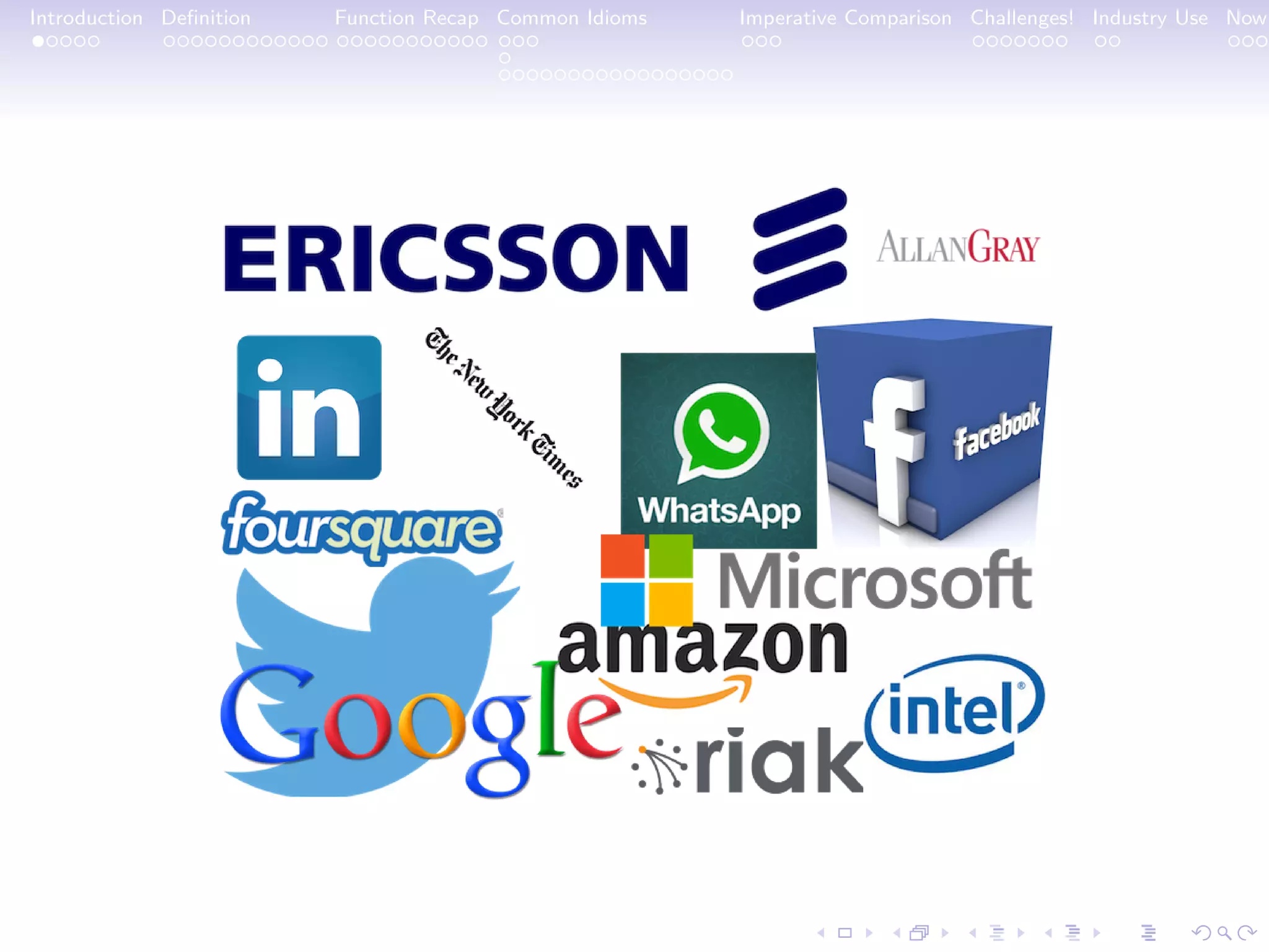 Introduction Deﬁnition Function Recap Common Idioms Imperative Comparison Challenges! Industry Use Now 