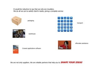 It would be reductive to say that we only are moulders.
    We do all we can to satisfy client’s needs, giving a complete service




                        packaging
                                                                                   transport




                         warehouse




                                                                                 aftersales assistance


                Crossed applications software




We are not only suppliers. We are reliable partners that help you to   SHAPE YOUR IDEAS
 