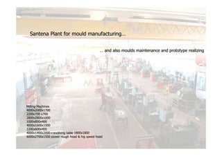 Santena Plant for mould manufacturing…


                                              … and also moulds maintenance and prototype realizing




Milling Machines
4000x2000x1700
2200x700 x700
2800x2800x1000
1000x800x400
4000x1600x1000
1200x600x400
4000x1400x2000+revolving table 1800x1800
6000x2700x1500 power rough head & hig speed head
 