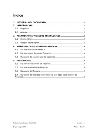 Índice
1. HISTORIAL DEL DOCUMENTO....................................................................................3
2. INTRODUCCIÓN.................................................................................................................3
2.1 Propósito.........................................................................................................................3
2.2 Alcance............................................................................................................................3
3. RESTRICCIONES Y RIESGOS TECNOLÓGICOS...................................................3
3.1 Restricciones.................................................................................................................3
3.2 Riesgos Tecnológicos..................................................................................................3
4. VISITAS DE CASOS DE USO DE NEGOCIO...........................................................4
4.1 Lista de actores de Negocio.....................................................................................4
4.2 Lista de casos de uso de Negocios........................................................................4
4.3 Diagrama de caso de uso de Negocios................................................................4
5. VISTA LÓGICA.....................................................................................................................4
5.1 Lista de trabajadores de Negocio..........................................................................4
5.2 Lista de entidades de Negocio................................................................................4
5.3 Diagrama del Negocio...............................................................................................5
5.4 Diagrama de Realización de negocio (por cada caso de usos de
Negocio).....................................................................................................................................5
Fecha de Actualización: 05/12/2021 Versión: 1.0
Preparado por: Idat Página : 4 de 13
 