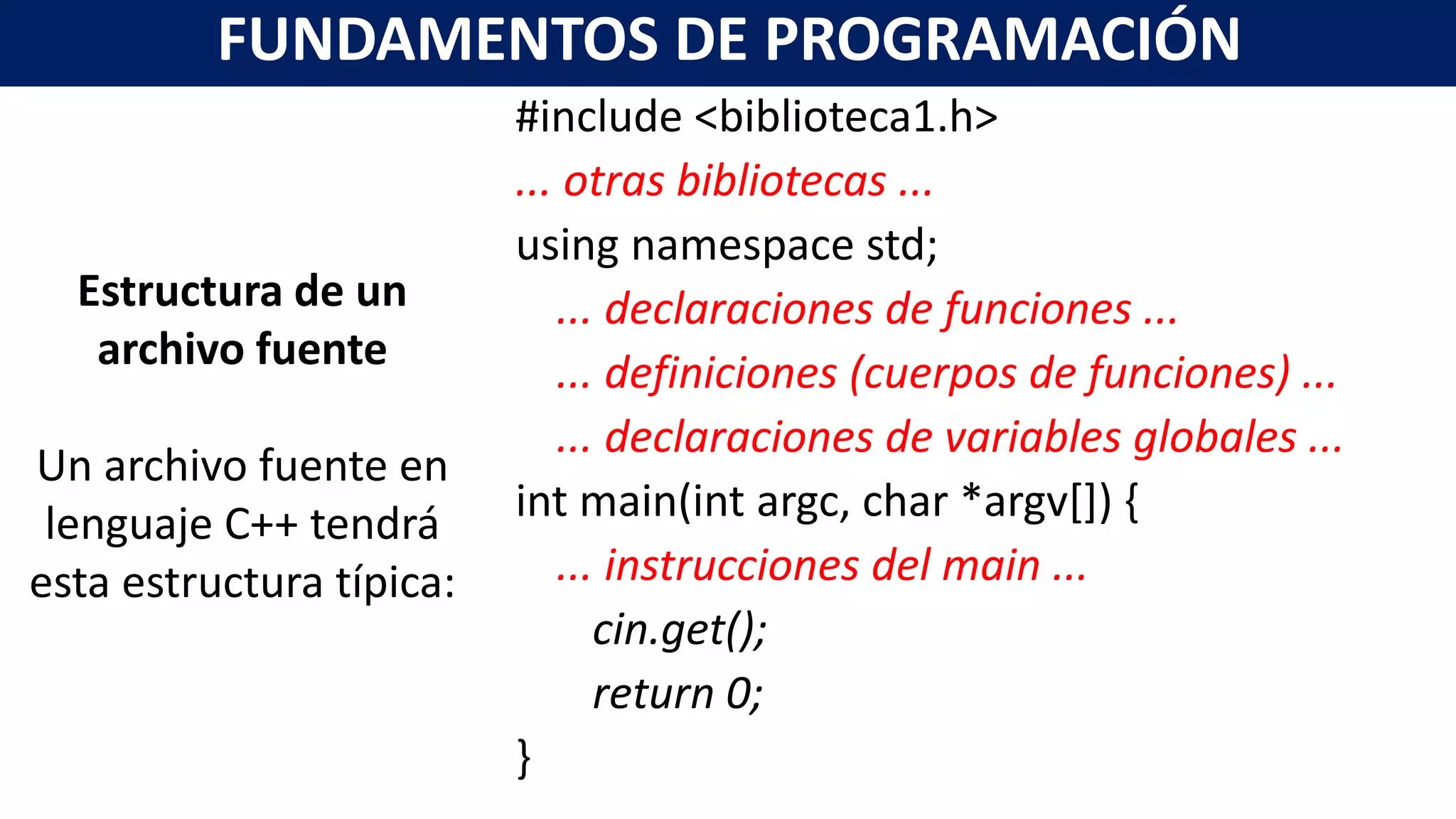 #include <biblioteca1.h>
... otras bibliotecas ...
using namespace std;
... declaraciones de funciones ...
... definiciones (cuerpos de funciones) ...
... declaraciones de variables globales ...
int main(int argc, char *argv[]) {
... instrucciones del main ...
cin.get();
return 0;
}
FUNDAMENTOS DE PROGRAMACIÓN
Estructura de un
archivo fuente
Un archivo fuente en
lenguaje C++ tendrá
esta estructura típica:
 