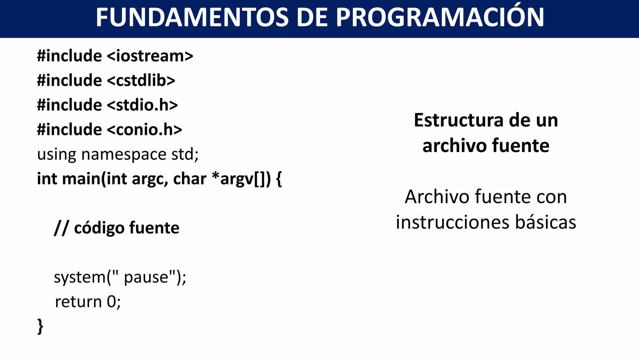 #include <iostream>
#include <cstdlib>
#include <stdio.h>
#include <conio.h>
using namespace std;
int main(int argc, char *argv[]) {
// código fuente
system(" pause");
return 0;
}
FUNDAMENTOS DE PROGRAMACIÓN
Estructura de un
archivo fuente
Archivo fuente con
instrucciones básicas
 