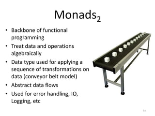 Monads2
54
• Backbone of functional
programming
• Treat data and operations
algebraically
• Data type used for applying a
...
