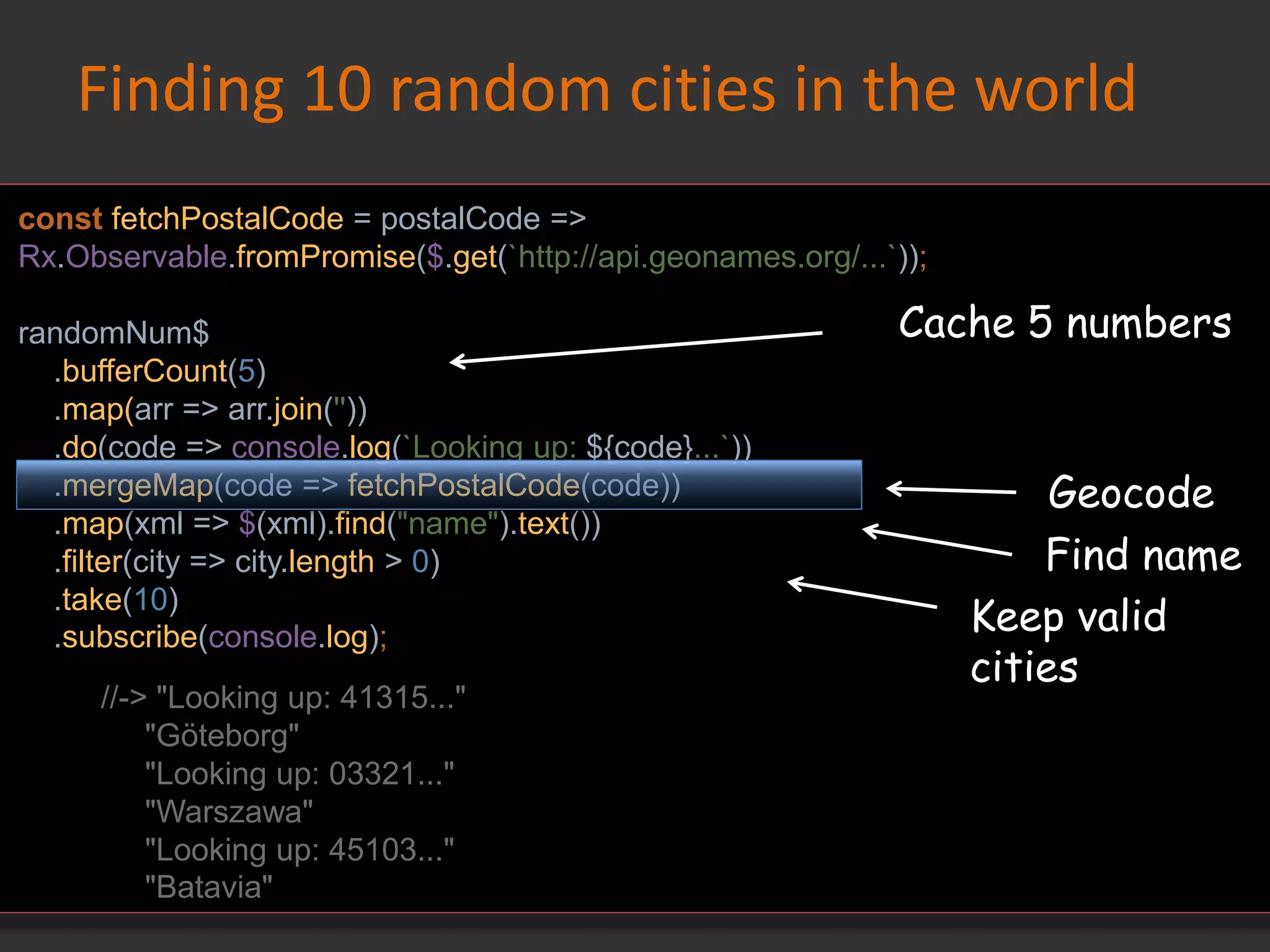Finding 10 random cities in the world
const fetchPostalCode = postalCode =>
Rx.Observable.fromPromise($.get(`http://api.geonames.org/...`));
randomNum$
.bufferCount(5)
.map(arr => arr.join(''))
.do(code => console.log(`Looking up: ${code}...`))
.mergeMap(code => fetchPostalCode(code))
.map(xml => $(xml).find("name").text())
.filter(city => city.length > 0)
.take(10)
.subscribe(console.log);
Cache 5 numbers
Geocode
Find name
Keep valid
cities
//-> "Looking up: 41315..."
"Göteborg"
"Looking up: 03321..."
"Warszawa"
"Looking up: 45103..."
"Batavia"
 