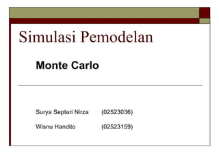 Simulasi Pemodelan Monte Carlo Surya Septari Nirza  (02523036) Wisnu Handito  (02523159) 