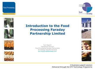 Introduction to the Food Processing Faraday Partnership Limited Sue Wigram Operations Director Food Processing Faraday Partnership Knowledge Transfer Network [email_address]   