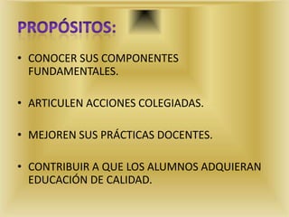 PROPÓSITOS:CONOCER SUS COMPONENTES FUNDAMENTALES.ARTICULEN ACCIONES COLEGIADAS.MEJOREN SUS PRÁCTICAS DOCENTES.CONTRIBUIR A QUE LOS ALUMNOS ADQUIERAN EDUCACIÓN DE CALIDAD.