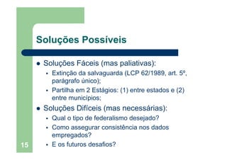Soluções Possíveisç
Soluções Fáceis (mas paliativas):Soluções Fáceis (mas paliativas):
Extinção da salvaguarda (LCP 62/198...