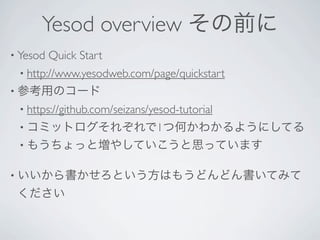 Yesod overview ǰ
? Yesod   Quick Start?
 ? http://www.yesodweb.com/page/quickstart?
? οäΥ`
 ? https://github.com/seizans/yesod-tutorial?
 ? ߥåȥ줾1ĺΤ狼褦ˤƤ
 ? ⤦äȉ䤷Ƥ˼äƤޤ


? ȤϤ⤦ɤɤƤߤ
 
 