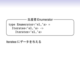 生産者 Enumerator   

 type Enumerator’el,’a =
   Iteratee’el,’a -
     Iteratee’el,’a
                            


Iteratee にデータを与える
 