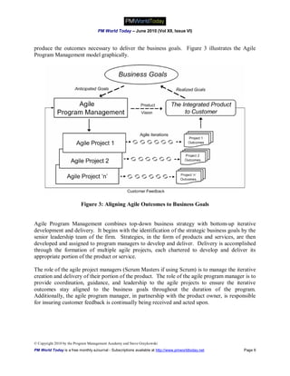 PM World Today – June 2010 (Vol XII, Issue VI)



produce the outcomes necessary to deliver the business goals. Figure 3 illustrates the Agile
Program Management model graphically.




                           Figure 3: Aligning Agile Outcomes to Business Goals


Agile Program Management combines top-down business strategy with bottom-up iterative
development and delivery. It begins with the identification of the strategic business goals by the
senior leadership team of the firm. Strategies, in the form of products and services, are then
developed and assigned to program managers to develop and deliver. Delivery is accomplished
through the formation of multiple agile projects, each chartered to develop and deliver its
appropriate portion of the product or service.

The role of the agile project managers (Scrum Masters if using Scrum) is to manage the iterative
creation and delivery of their portion of the product. The role of the agile program manager is to
provide coordination, guidance, and leadership to the agile projects to ensure the iterative
outcomes stay aligned to the business goals throughout the duration of the program.
Additionally, the agile program manager, in partnership with the product owner, is responsible
for insuring customer feedback is continually being received and acted upon.




© Copyright 2010 by the Program Management Academy and Steve Graykowski
PM World Today is a free monthly eJournal - Subscriptions available at http://www.pmworldtoday.net   Page 6
 